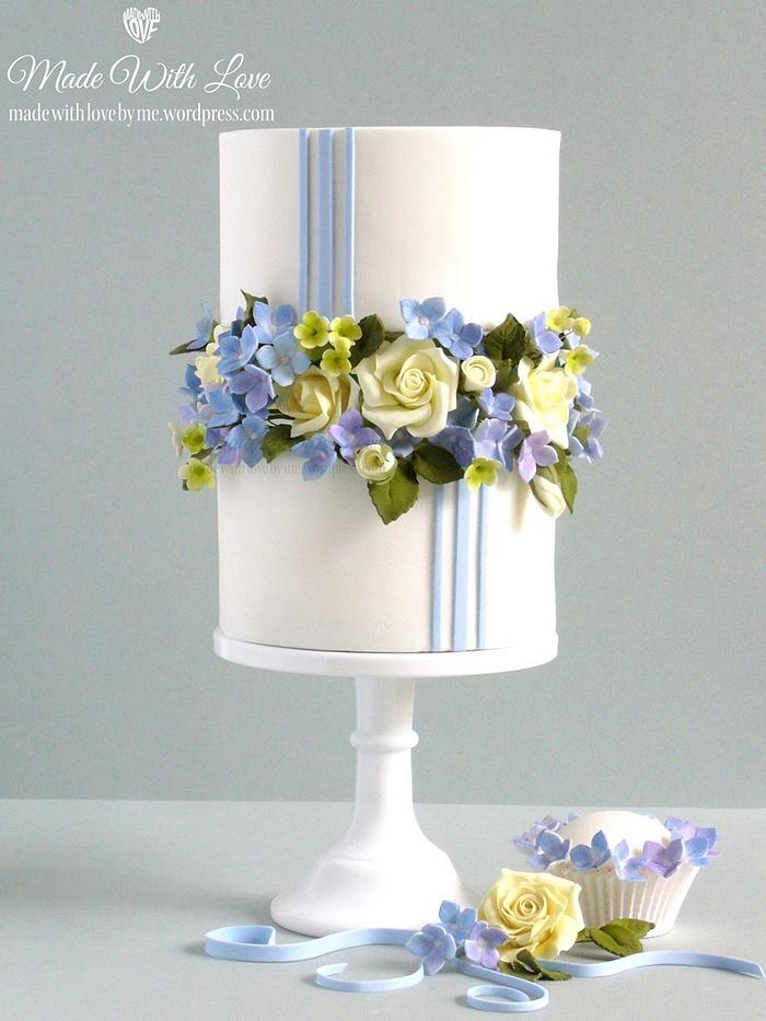 Blue Hydrangea and Roses Cake