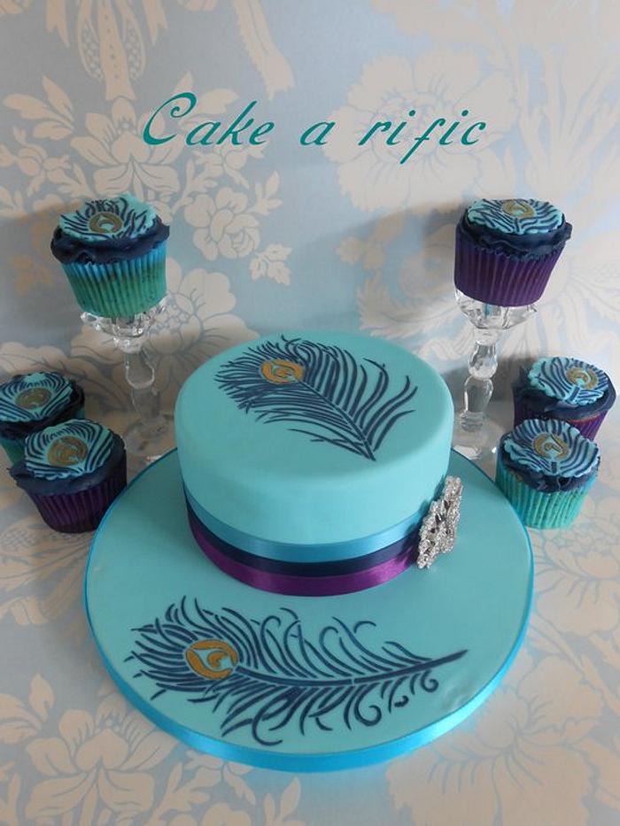 Peacock Feather Cake with matching Cup Cakes