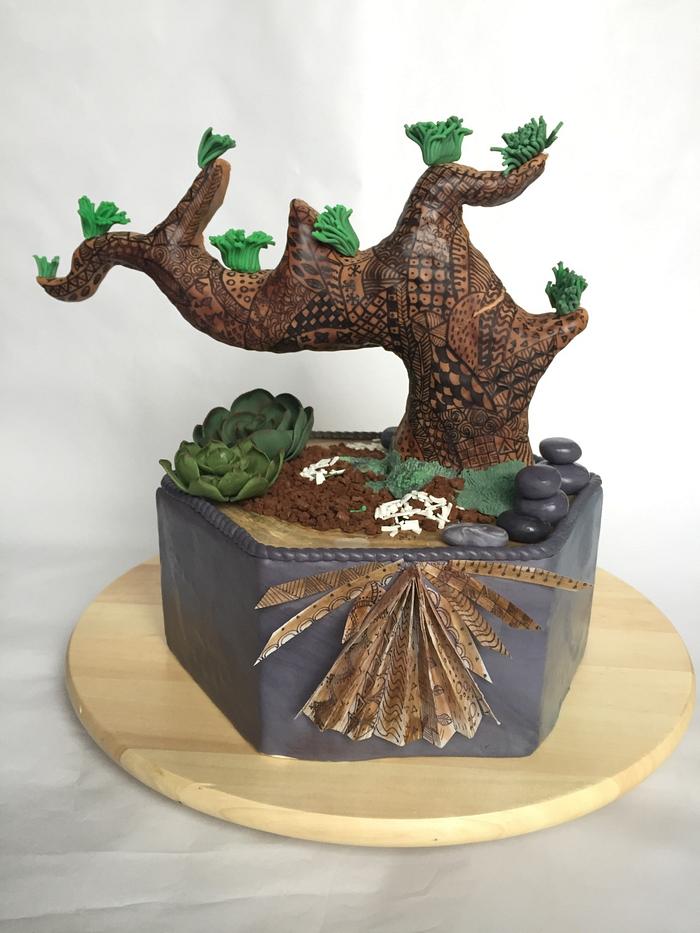 Bonsai tree cake with doodling 