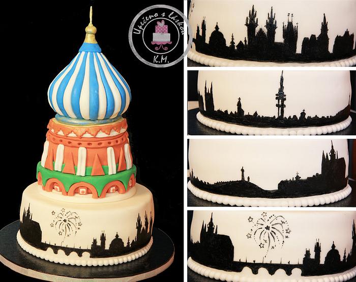 Cake for Czech-Russian couple with hand painted silhouette of Prague