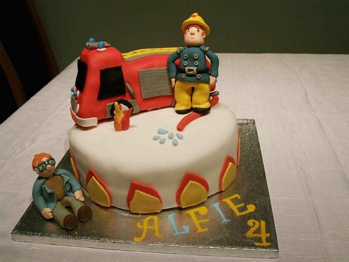 Two tier Fireman Sam cake
