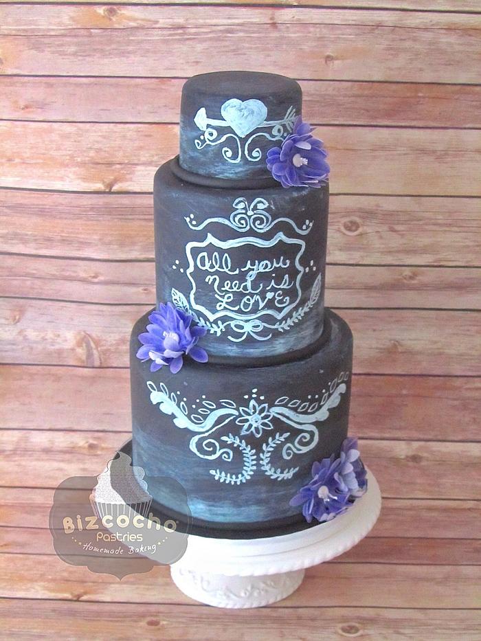 Chalkboard wedding cake and wafer paper flowers