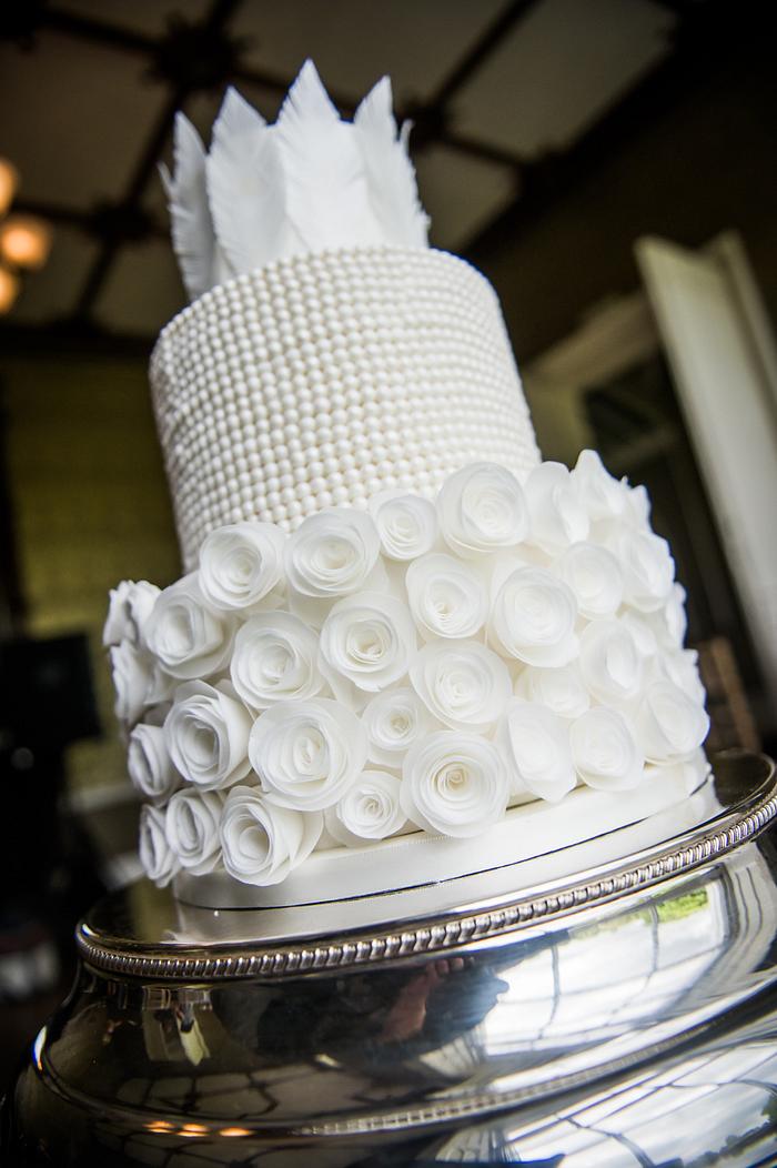 White wedding Cake with Rolled Roses