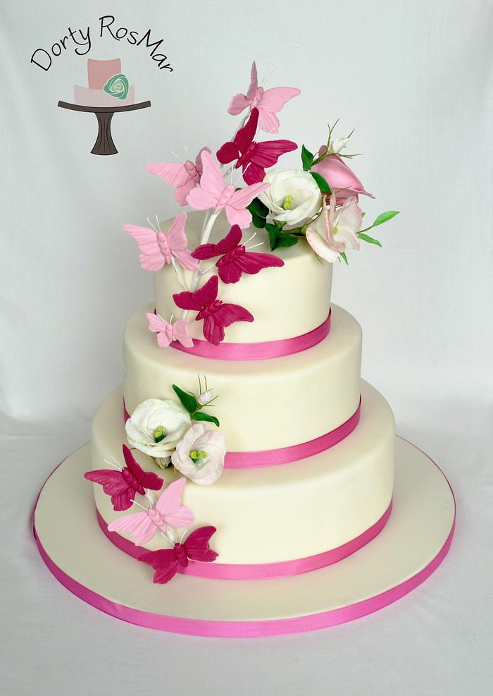 Wedding Cake with Butterflies and Eustoma