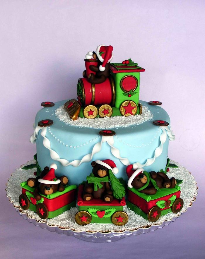 Christmas train and bears cake