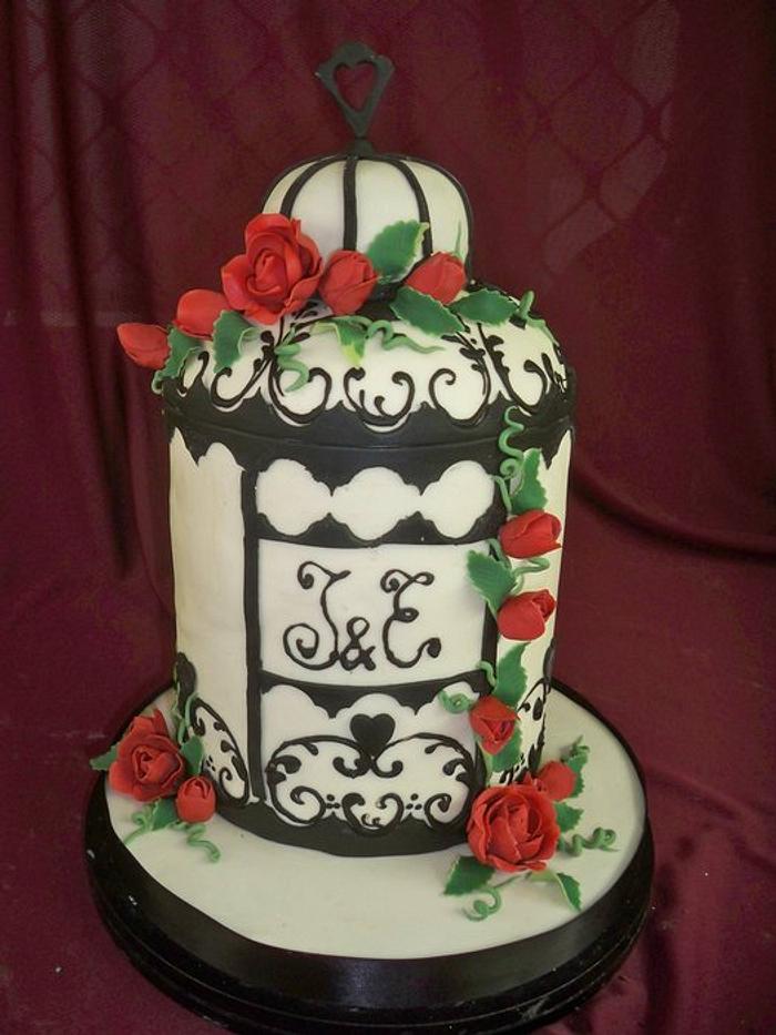 black and white birdcage wedding cake