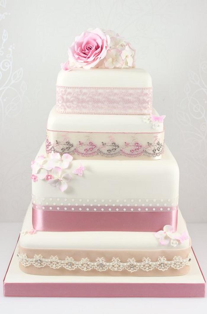 Rose and Hydrangea vintage style wedding cake