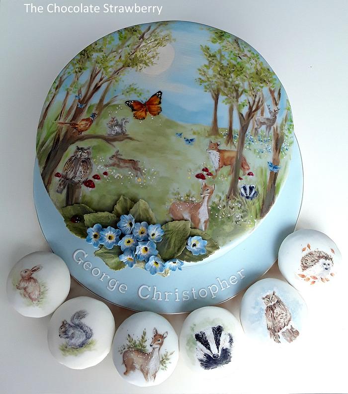 Woodland Animal Painted Christening Cake