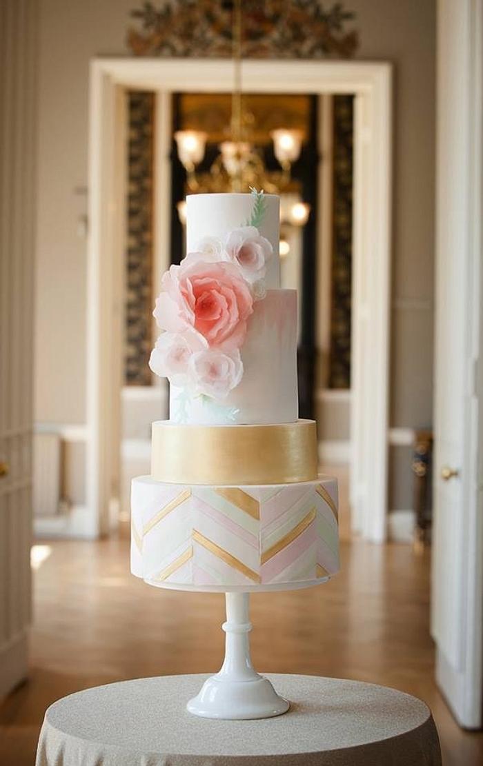 Gold Chevron Wedding Cake with Wafer Paper Flowers