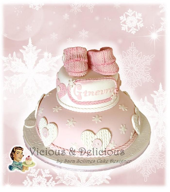 Pink snow & soft wool chistening cake