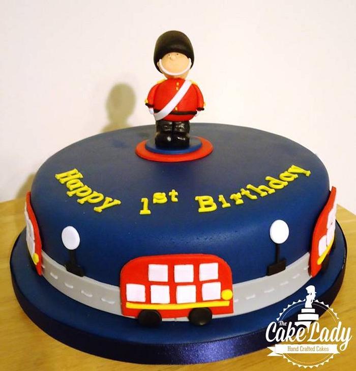 London themed 1st birthday cake 