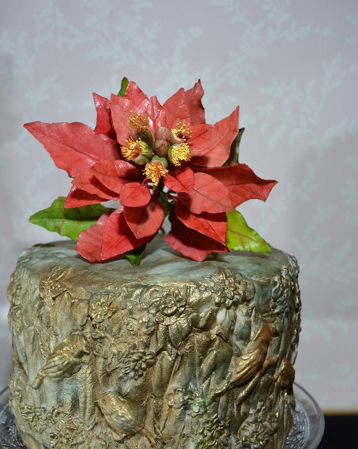 Poinsettia in a Christmas Bas Relief Metallic Cake