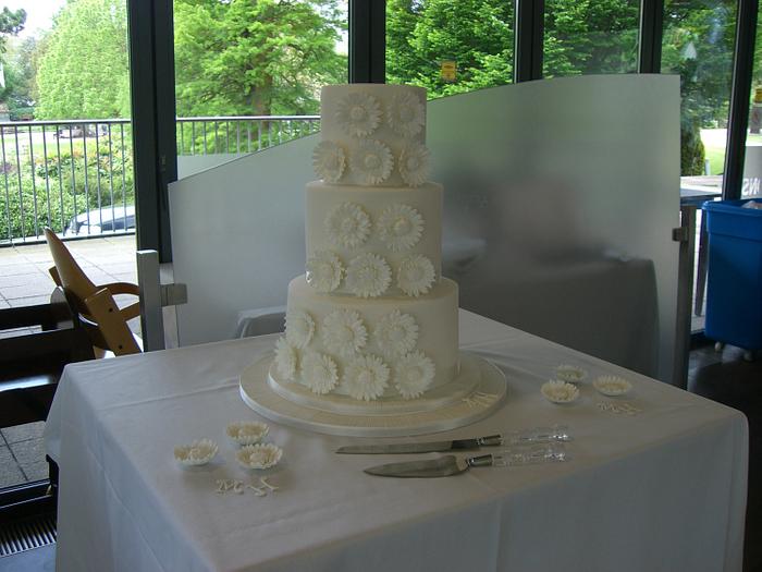 All White Gerbera/Rainbow Wedding Cake