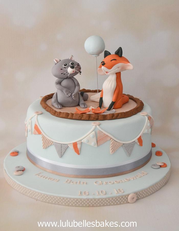 Fox and Raccoon christening cake