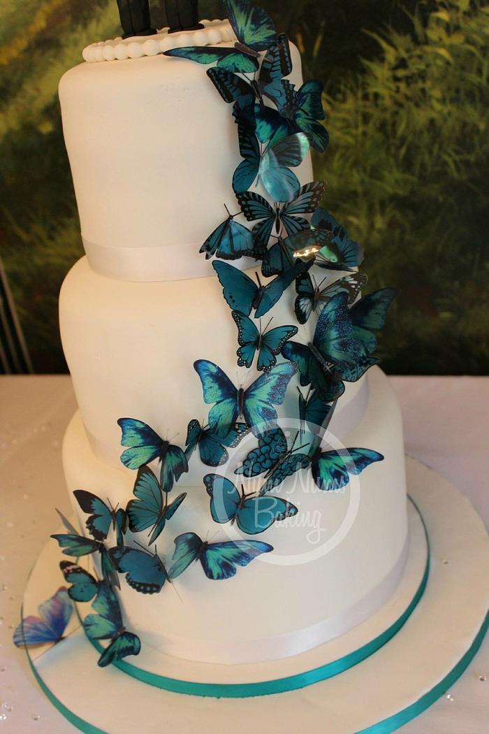Teal Butterflies Wedding Cake