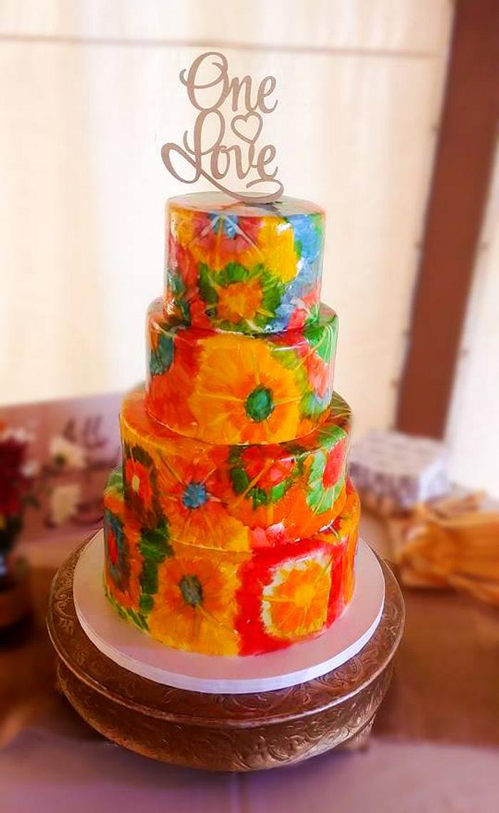 Hand painted tie dyd wedding cake