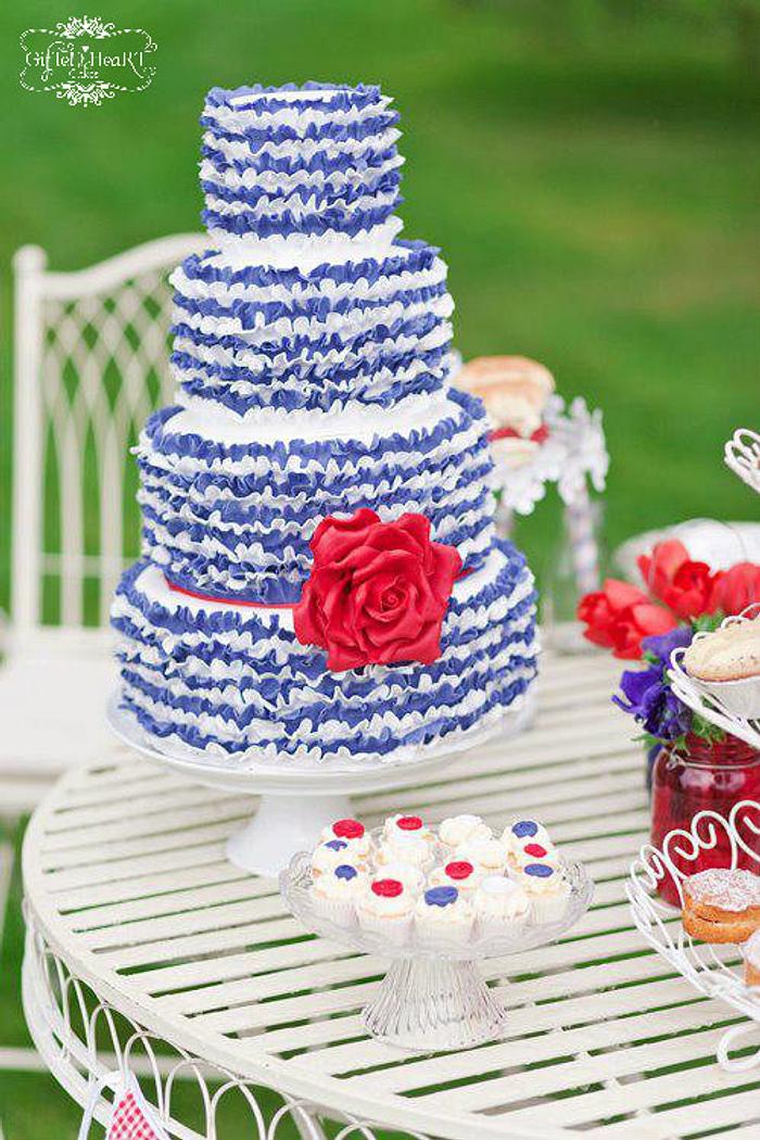 Red White and Blue Ruffle Wedding Cake