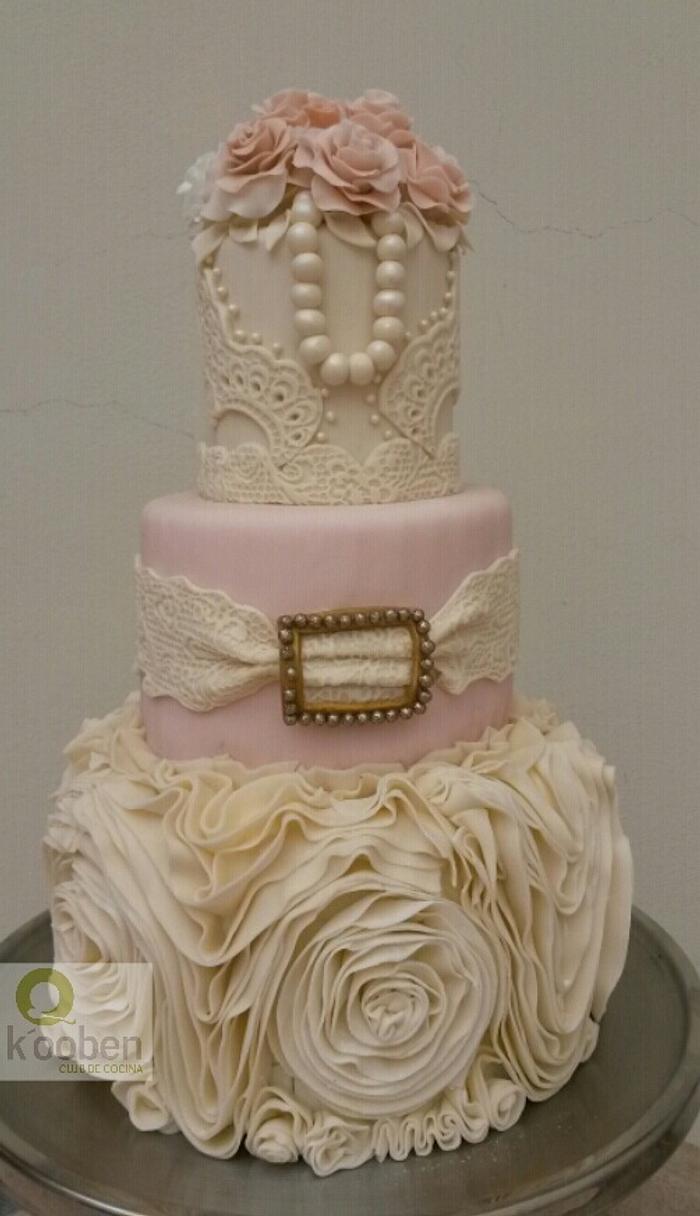 Ruffle roses wedding cake