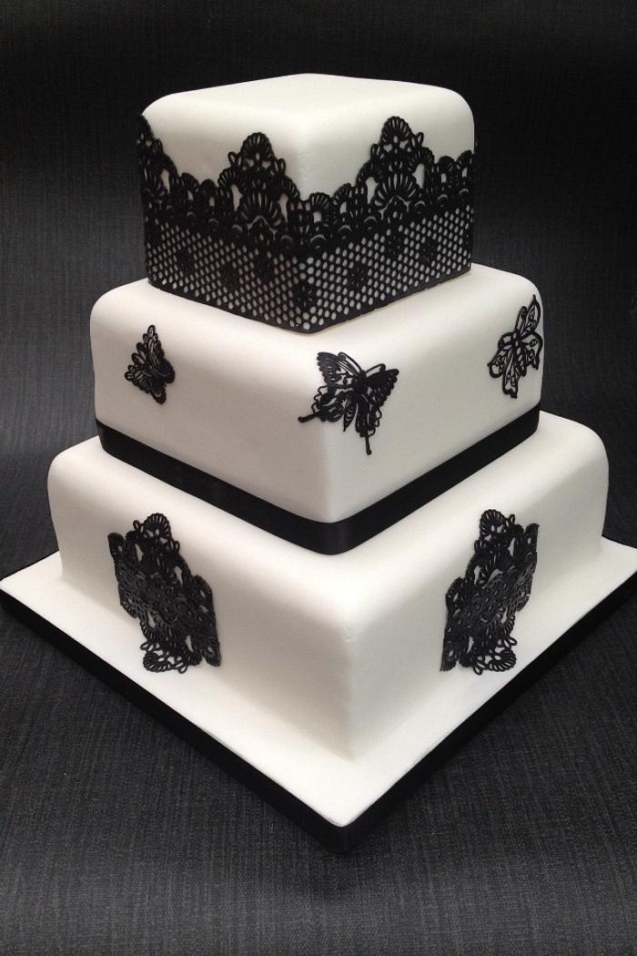 Black and white lace wedding cake 