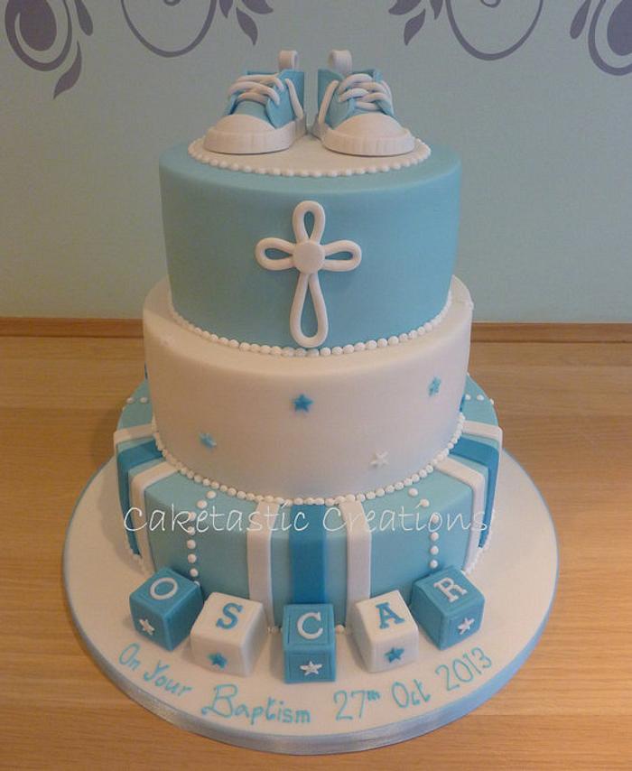 baby Boys Christening cake with baby boots