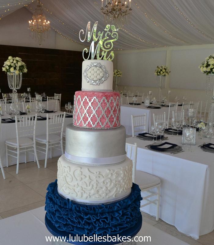 Navy blue and pink wedding cake