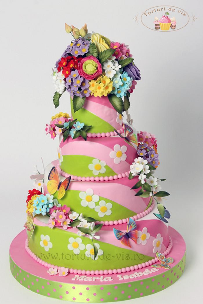 Baptism cake with butterflies and flowers