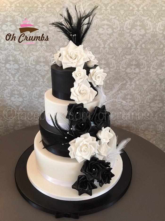 Black and white rose wedding cake