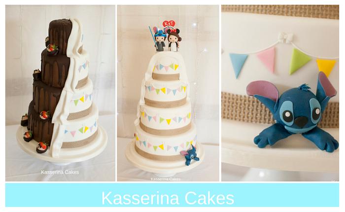 Half and half / his and hers wedding cake with bunting and stitch