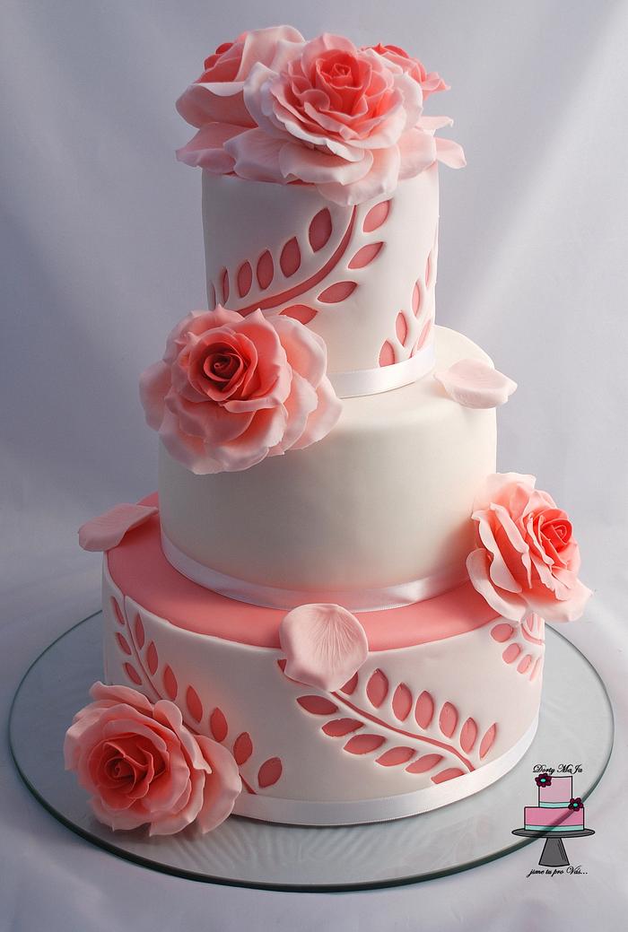 Pink white wedding cake
