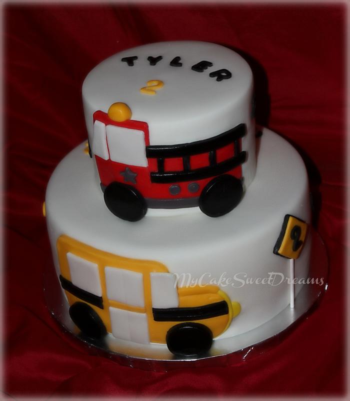 Fireman and School Bus Birthday Cake
