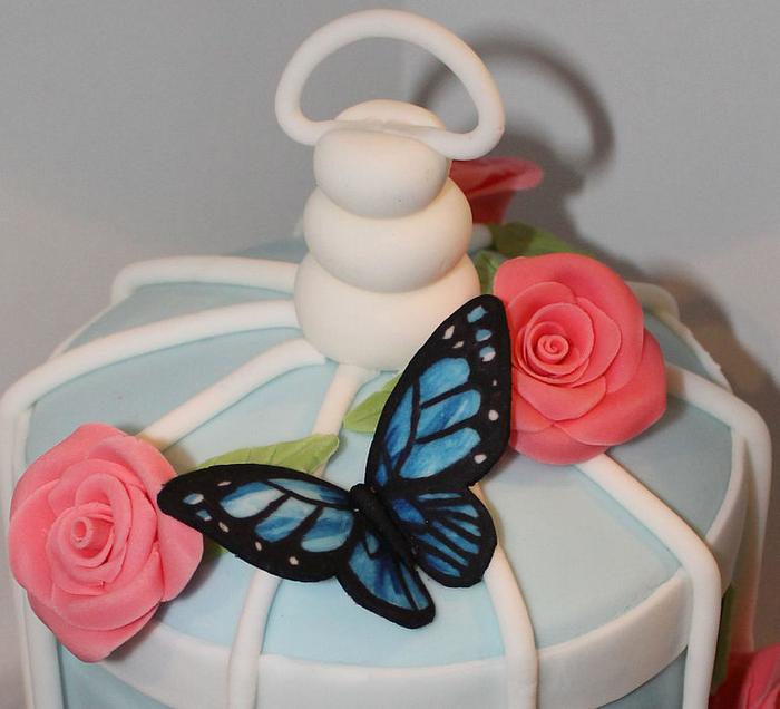 Vintage Birdcage Cake  and cupcakes with hand cut and hand painted Butterflies