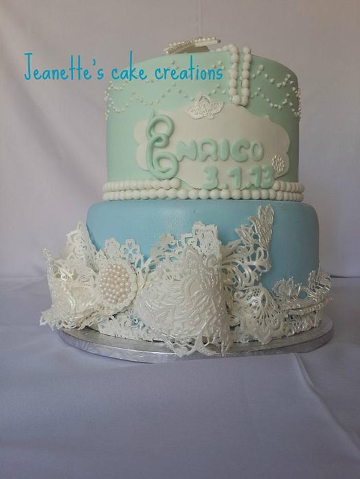 Christening cake -ribbon enhanced with lace