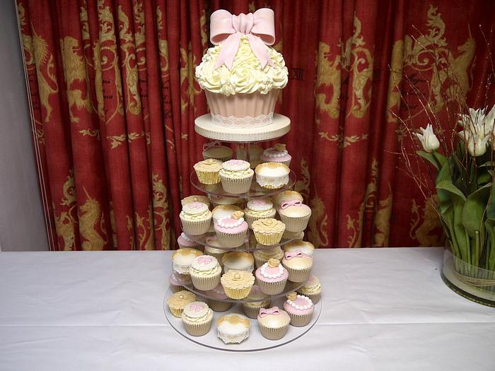 Lace and Bows Christening Cupcake Tower