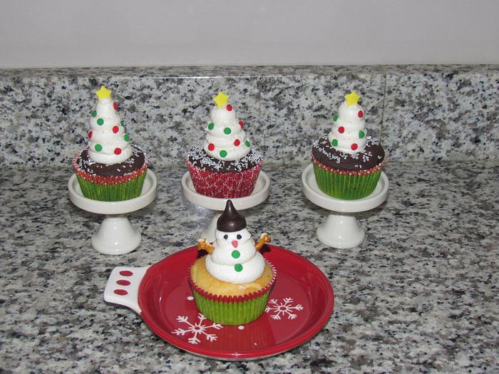 Snow-Covered White Christmas Trees and Snowman Cupcakes