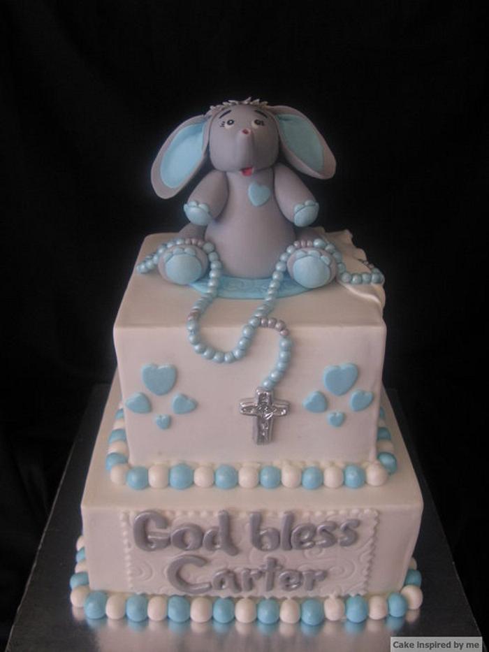 Blue white and grey baptism cake