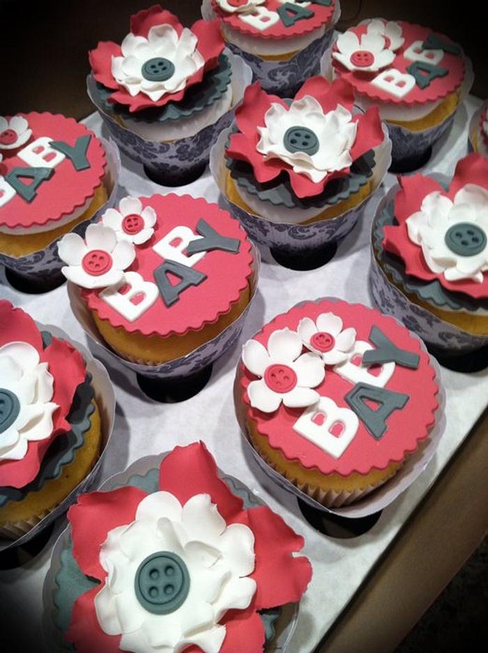 Raspberry and gray baby shower cupcakes