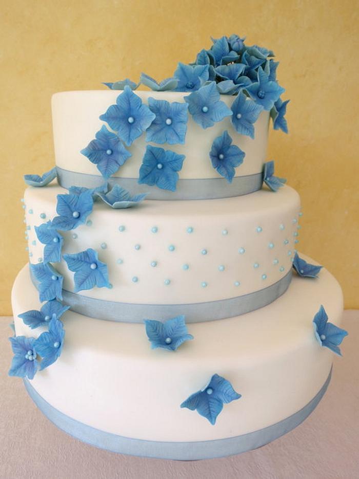 Something Blue.  Hydrangea Wedding Cake
