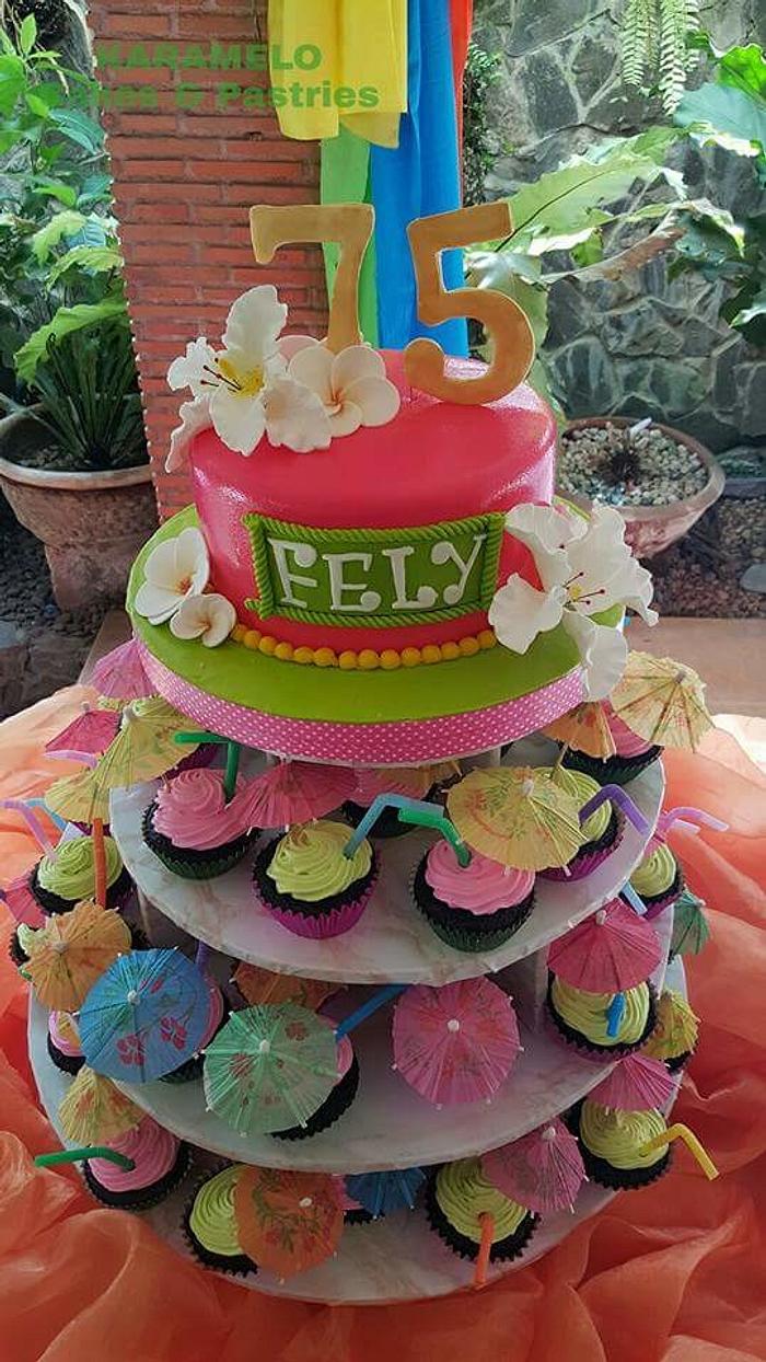 75th hawaiian themed cake & cupcakes