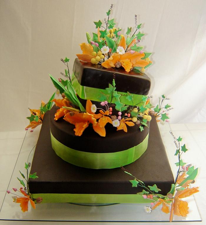 Chocolate cake with orquids