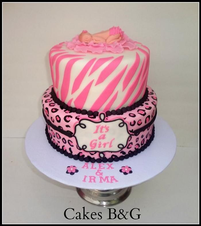 Pink Zebra and Leopard Baby Shower Cake
