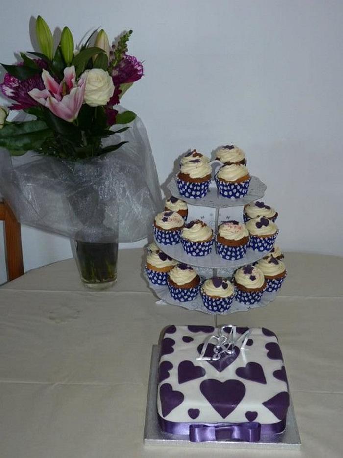 Cadbury's purple themed wedding cake & cupcakes