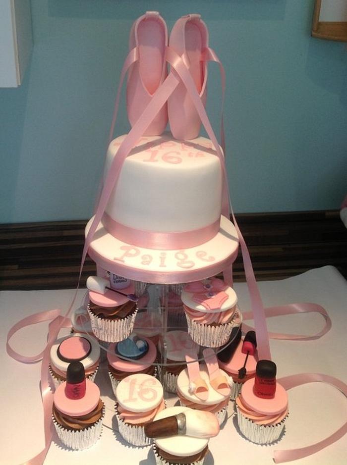 16th birthday cake with cupcakes Ballerina pointe shoes