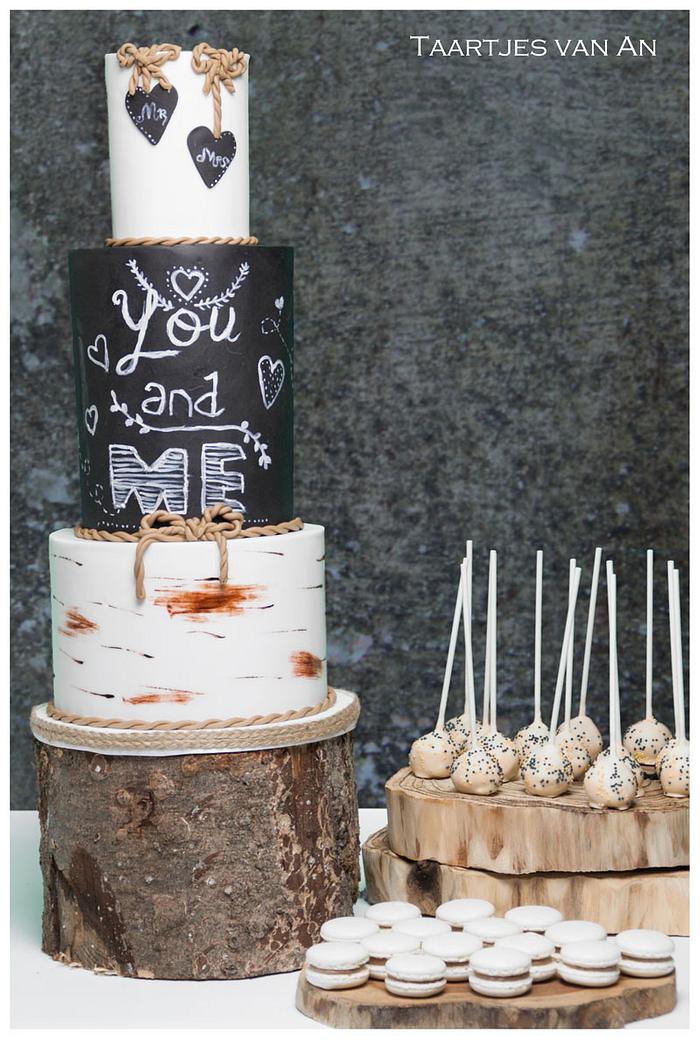 Birch Tree weddingcake, cakepops and macarons 