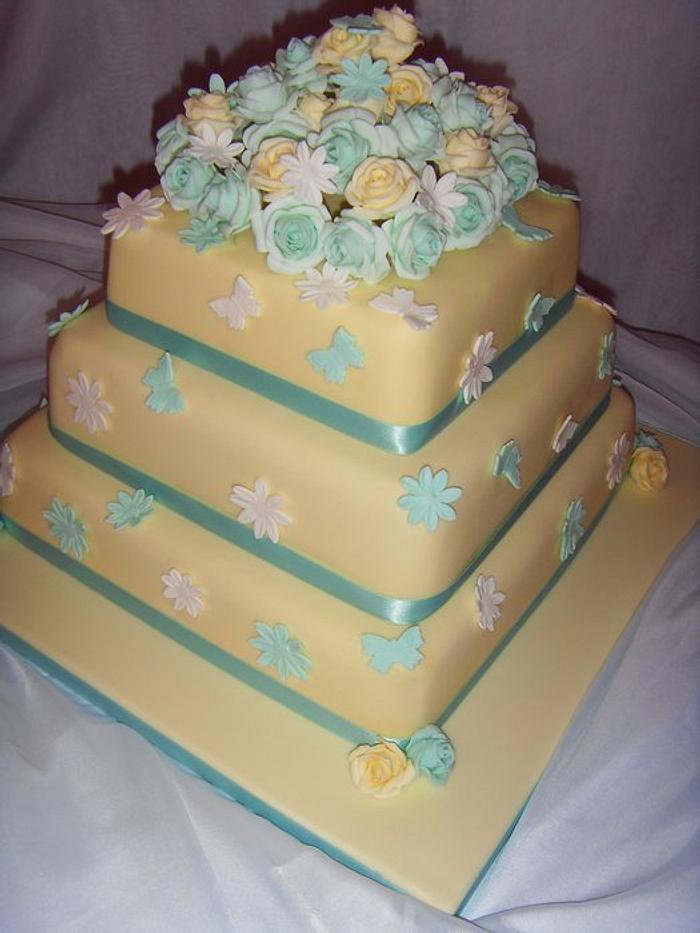Duck Egg Blue & Cream Roses 3 Tier Wedding Cake