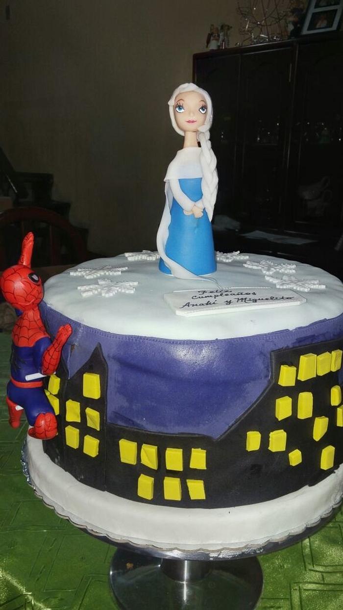 Frozen and spiderman cake