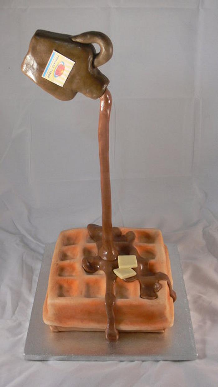 gravity defying waffle and syrup cake