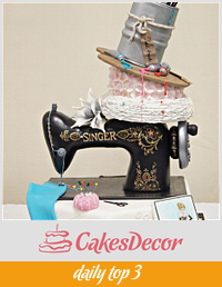 Sewing machine cake, painted, flowers