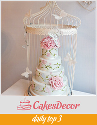 Love birds hand painted cake in bird cage cake stand