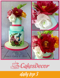 Handpainted Kingfisher Wedding cake with Wafer Paper Flowers. 