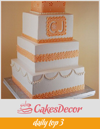 Peach Monogram Eyelet Lace Wedding Cake